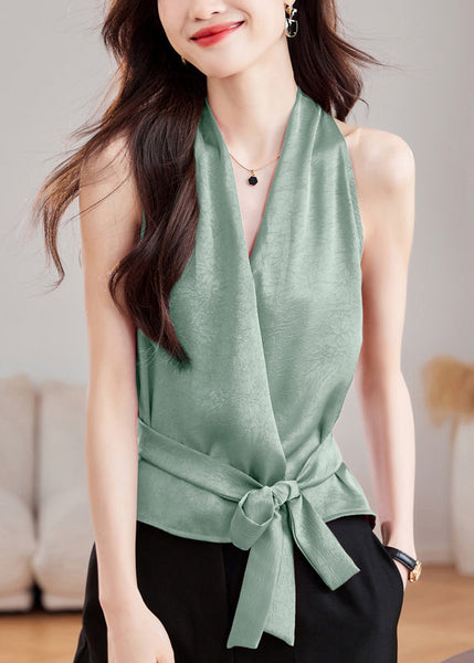Waist Neck V Summer Tie Solid Green Tank Silk FashionChic