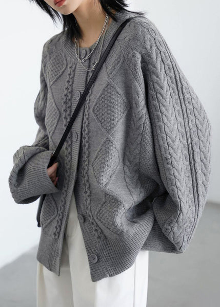 Grey Button Cozy Loose Knit Coat O Neck Spring YW020 ABC