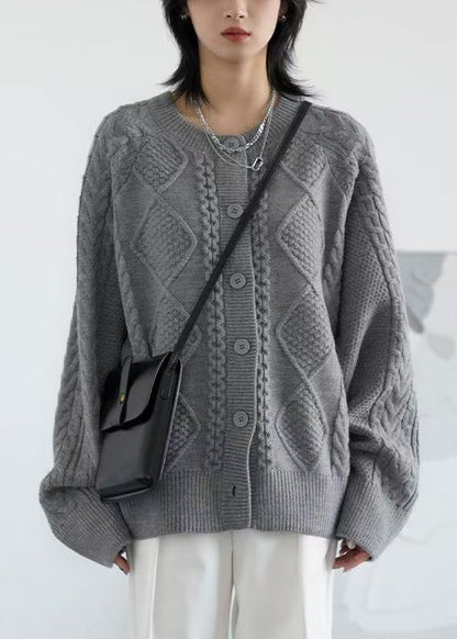 Grey Button Cozy Loose Knit Coat O Neck Spring YW020 ABC