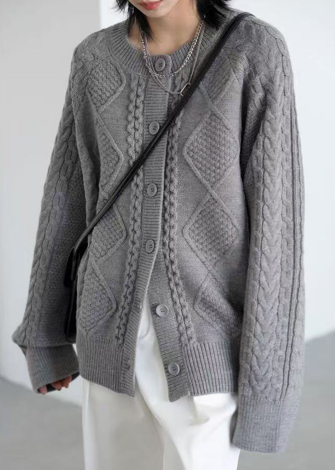 Grey Button Cozy Loose Knit Coat O Neck Spring YW020 ABC