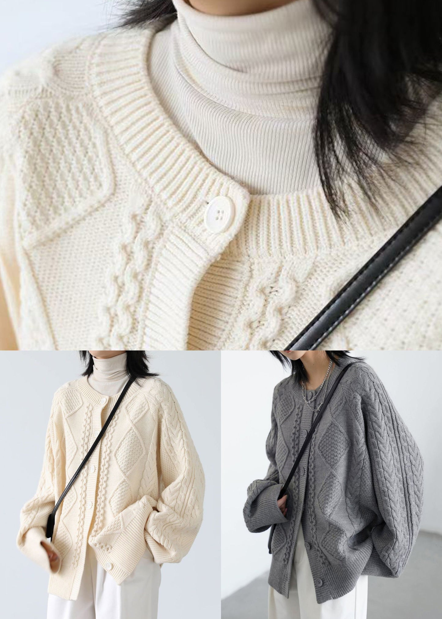Grey Button Cozy Loose Knit Coat O Neck Spring YW020 ABC