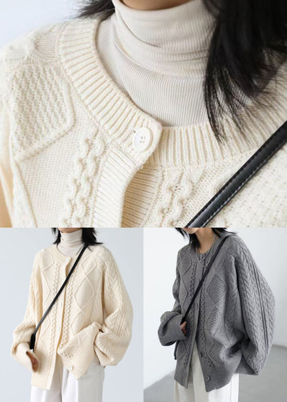 Grey Button Cozy Loose Knit Coat O Neck Spring YW020 ABC