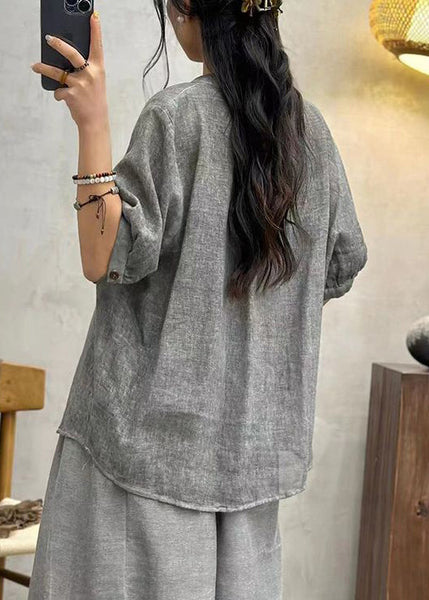 Grey Button Solid Cotton Shirts Stand Collar Half Sleeve AU1065 MZF-240903