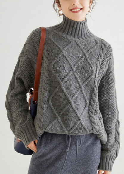 Grey Cozy Cable Cashmere Sweaters Turtleneck Spring YW045 ABC