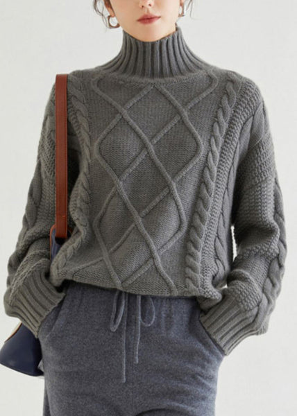 Grey Cozy Cable Cashmere Sweaters Turtleneck Spring YW045 ABC