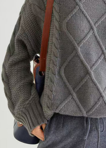 Grey Cozy Cable Cashmere Sweaters Turtleneck Spring YW045 ABC