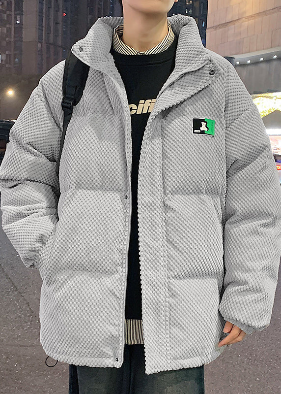 Grey Drawstring Solid Men Parkas Stand Collar WinterRM011 ABC