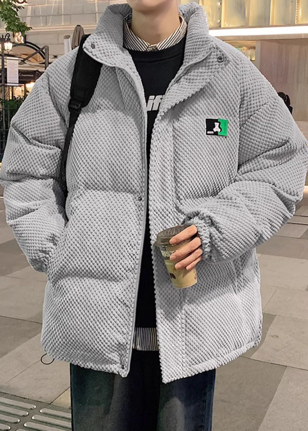 Grey Drawstring Solid Men Parkas Stand Collar WinterRM011 ABC