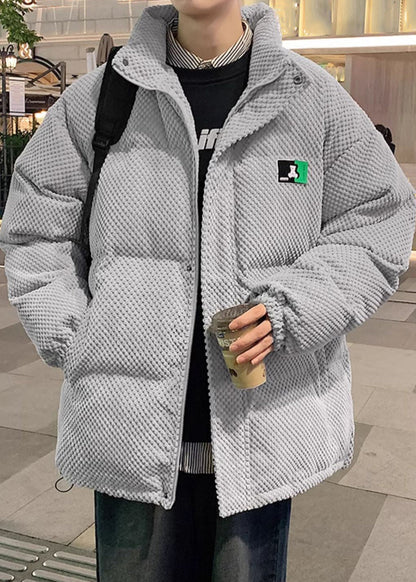 Grey Drawstring Solid Men Parkas Stand Collar WinterRM011 ABC