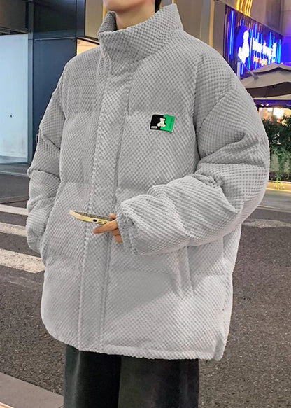 Grey Drawstring Solid Men Parkas Stand Collar WinterRM011 ABC