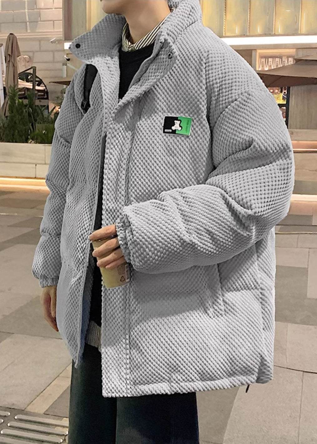 Grey Drawstring Solid Men Parkas Stand Collar WinterRM011 ABC