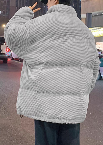 Grey Drawstring Solid Men Parkas Stand Collar WinterRM011 ABC