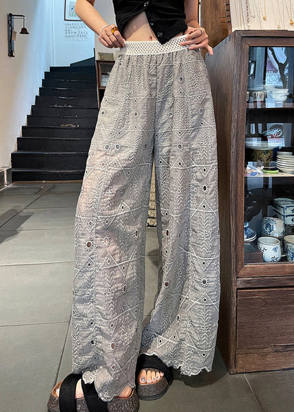 Trousers Grey Embroidered Out Summer Hollow Pants Straight FashionChic