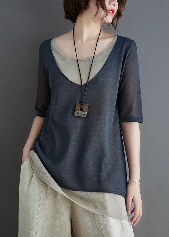 O-Neck Summer Patchwork Grey Tank Knit FashionChic
