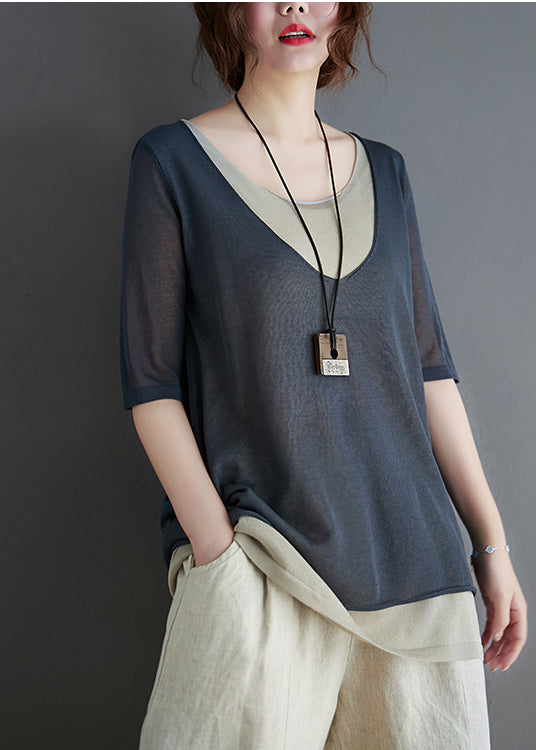 O-Neck Summer Patchwork Grey Tank Knit FashionChic
