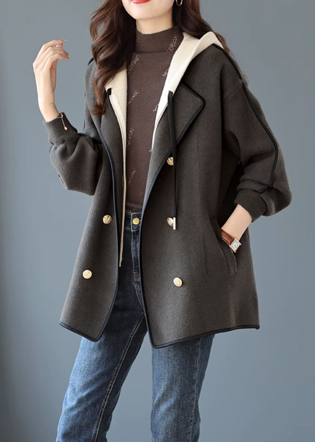 Grey Patchwork Woolen Hooded Coat False Two Pieces Winter RS023 ABC