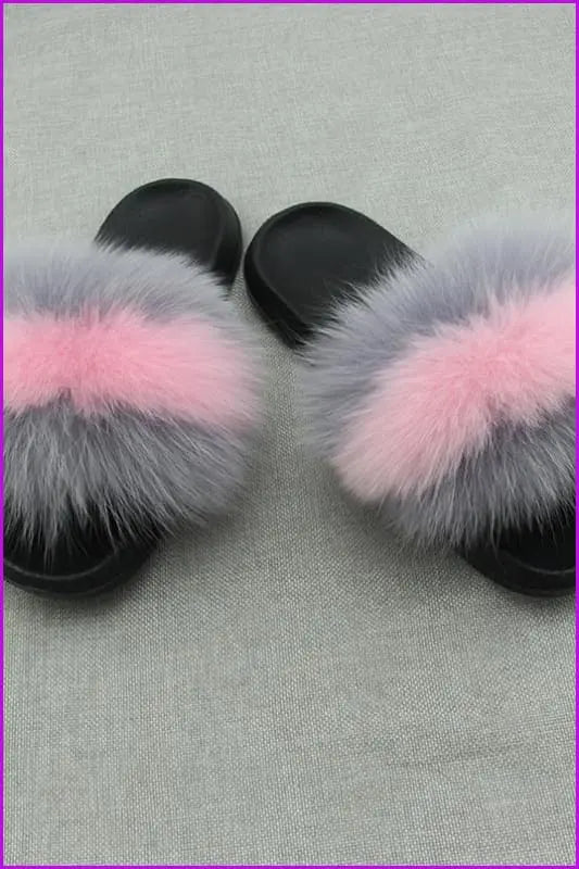 Grey Pink Fox Full-Pelt Fur Sliders DF003