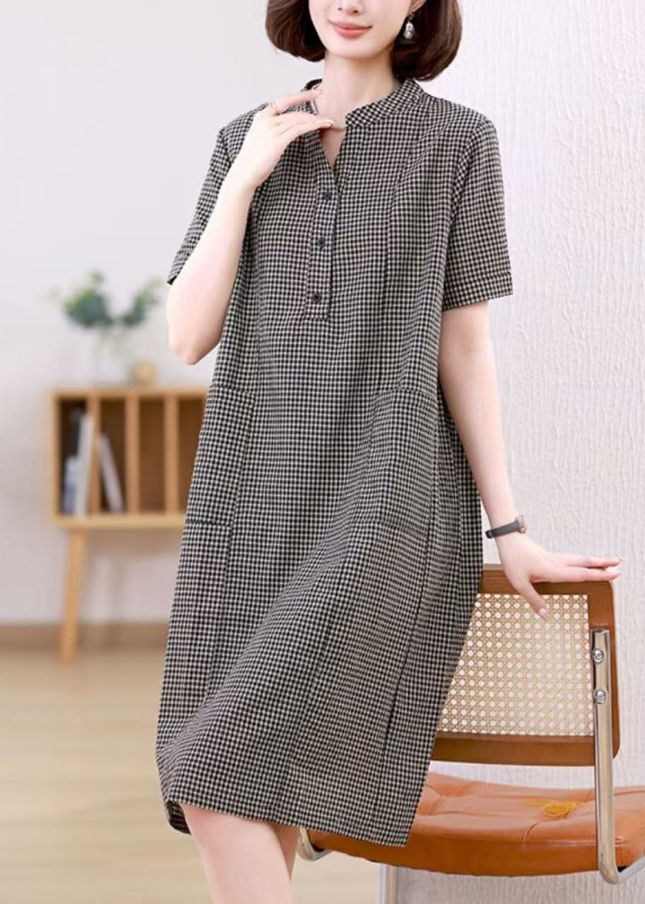Linen Collar Summer Stand Dresses Mid Plaid Grey FashionChic