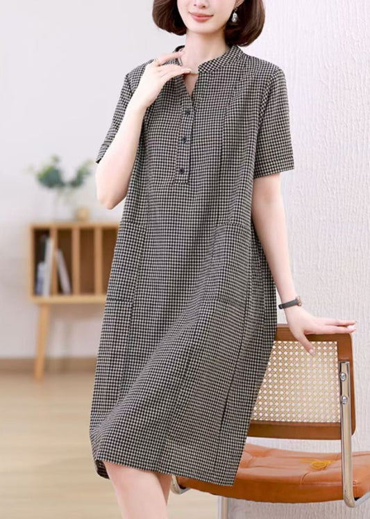 Linen Collar Summer Stand Dresses Mid Plaid Grey FashionChic