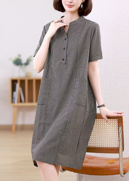 Linen Collar Summer Stand Dresses Mid Plaid Grey FashionChic