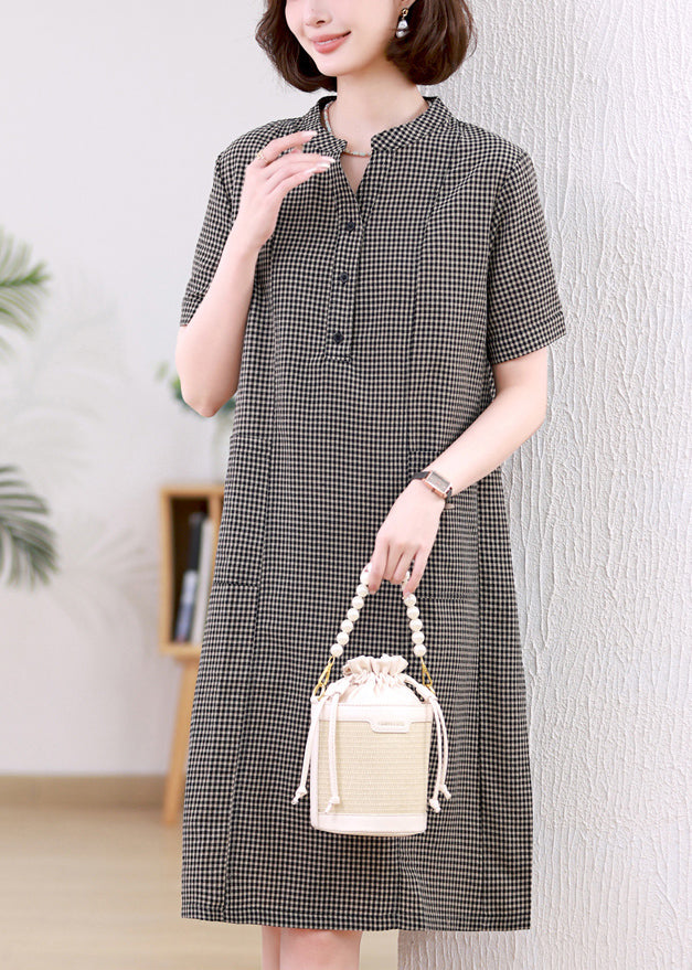 Dresses Stand Plaid Linen Collar Grey Mid Summer FashionChic