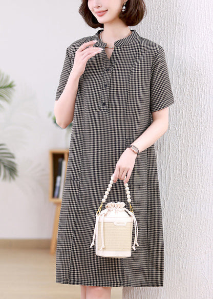Dresses Stand Plaid Linen Collar Grey Mid Summer FashionChic