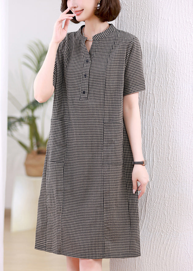 Dresses Stand Plaid Linen Collar Grey Mid Summer FashionChic
