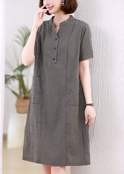 Dresses Stand Plaid Linen Collar Grey Mid Summer FashionChic