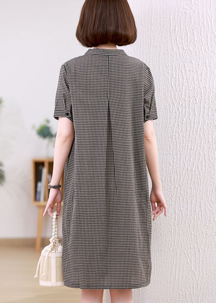 Linen Collar Summer Stand Dresses Mid Plaid Grey FashionChic