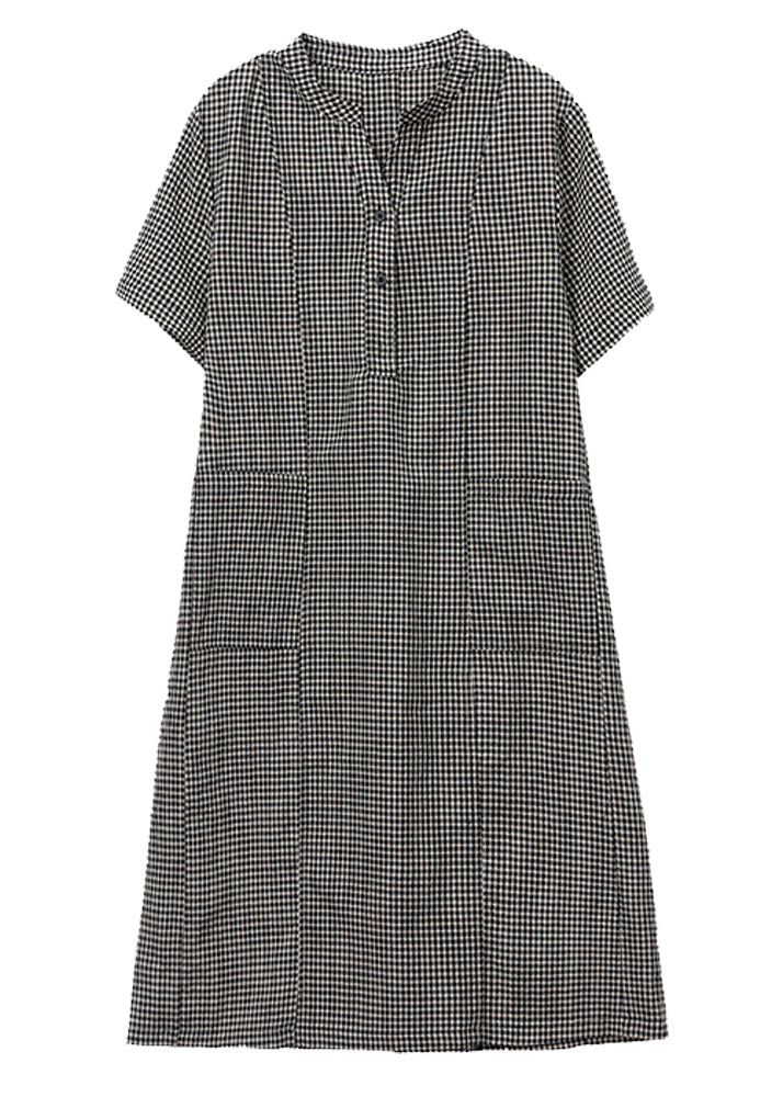 Dresses Stand Plaid Linen Collar Grey Mid Summer FashionChic