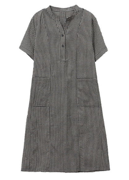 Dresses Stand Plaid Linen Collar Grey Mid Summer FashionChic