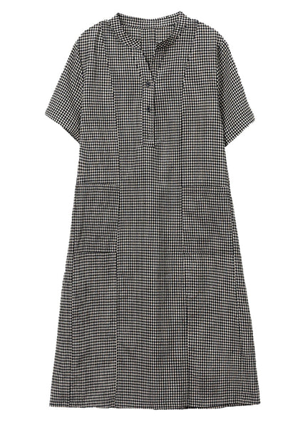Linen Collar Summer Stand Dresses Mid Plaid Grey FashionChic