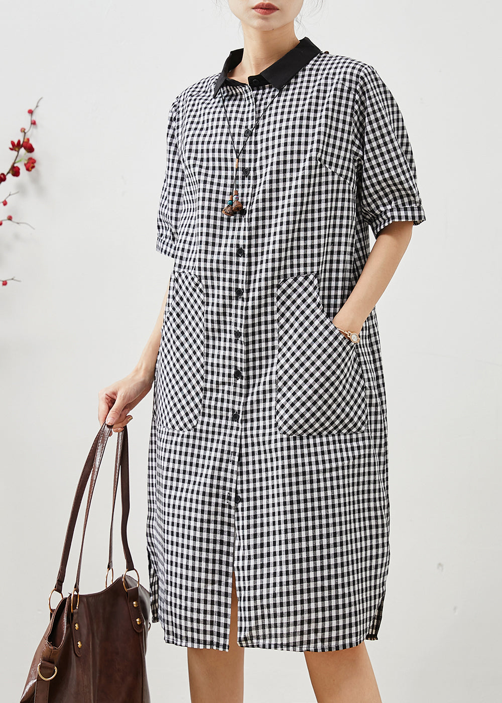 Grey Plaid Linen Shirt Dress Oversized Summer AP1070 AM-SDL240904