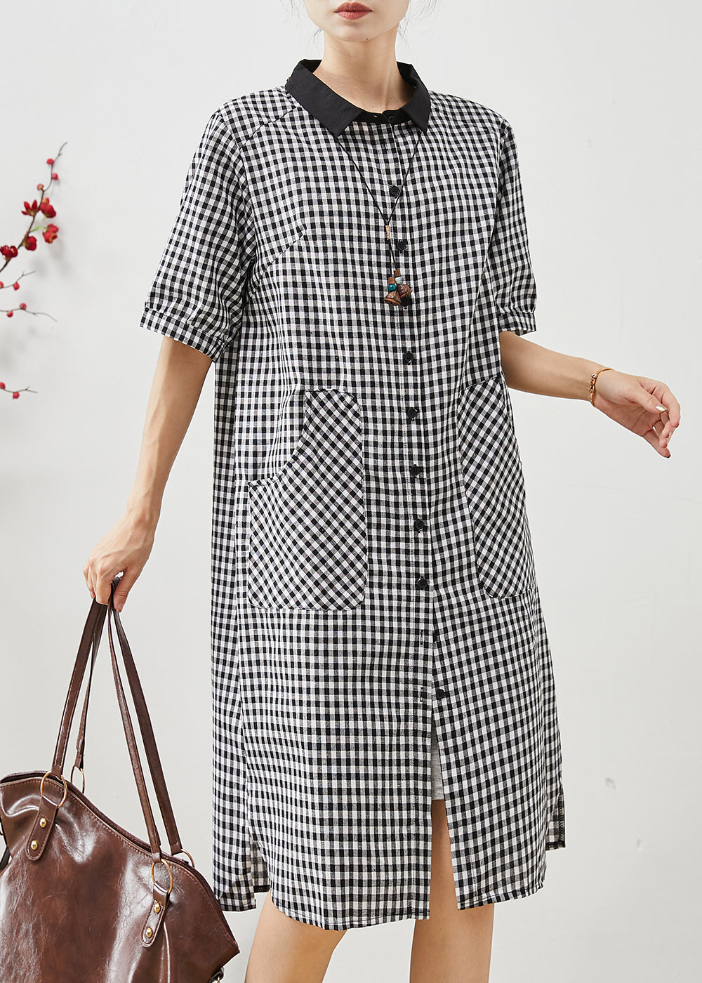 Grey Plaid Linen Shirt Dress Oversized Summer AP1070 AM-SDL240904