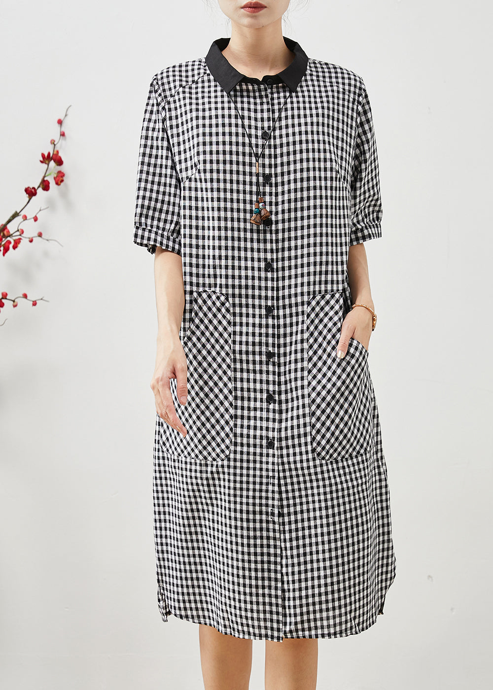 Grey Plaid Linen Shirt Dress Oversized Summer AP1070 AM-SDL240904