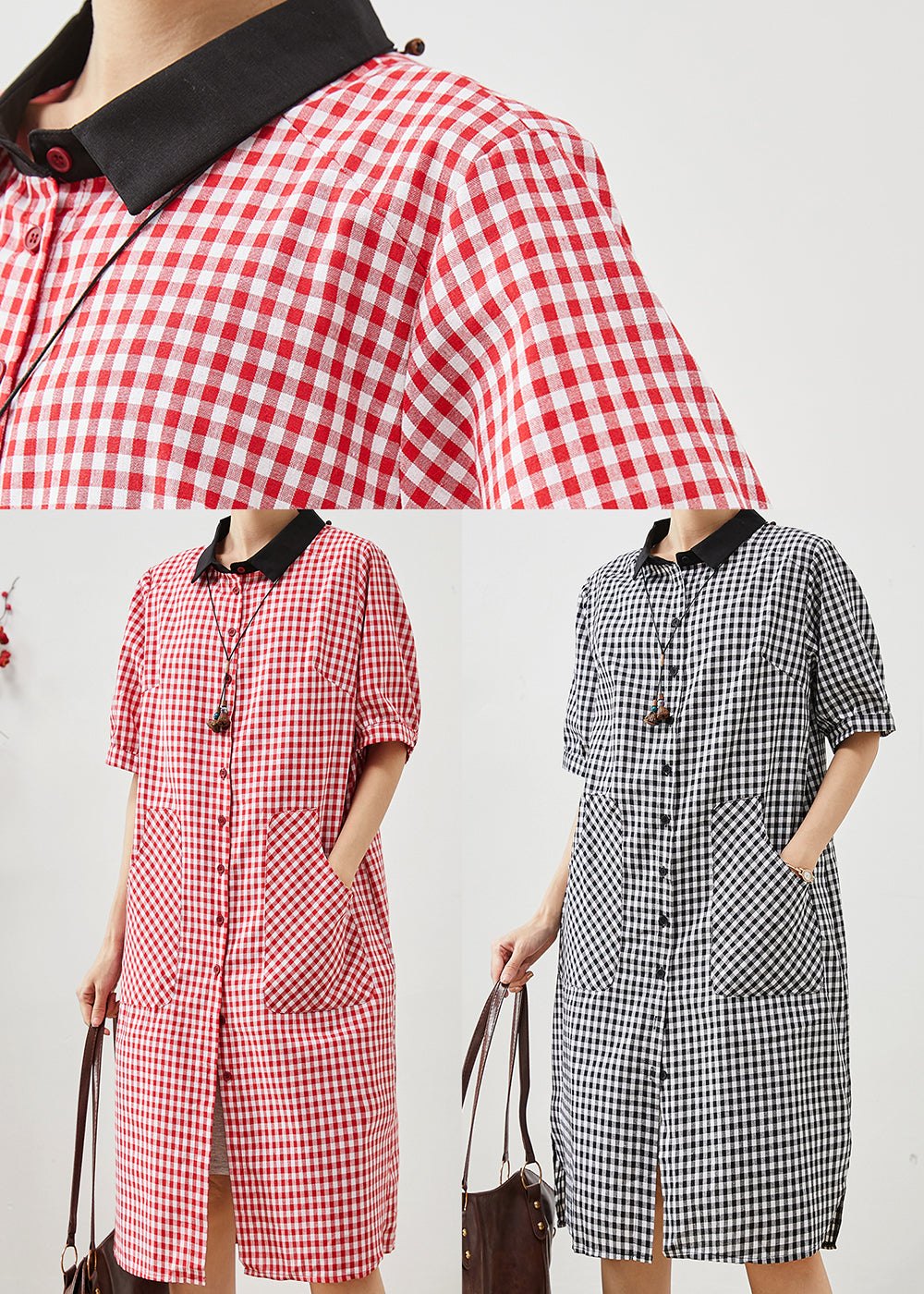 Grey Plaid Linen Shirt Dress Oversized Summer AP1070 AM-SDL240904