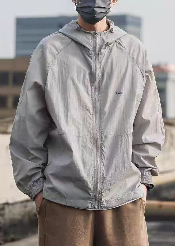 Pockets Summer Mens Hooded Drawstring Coat 50+ Grey UPF FashionChic