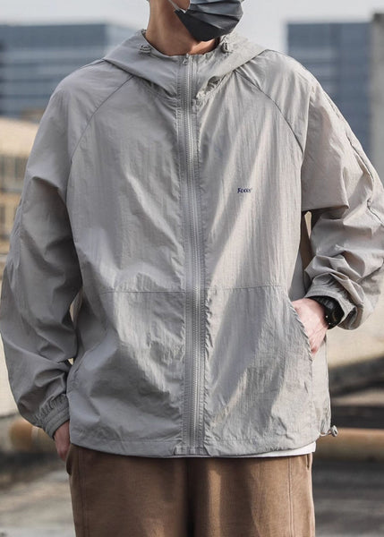 Pockets Summer Mens Hooded Drawstring Coat 50+ Grey UPF FashionChic
