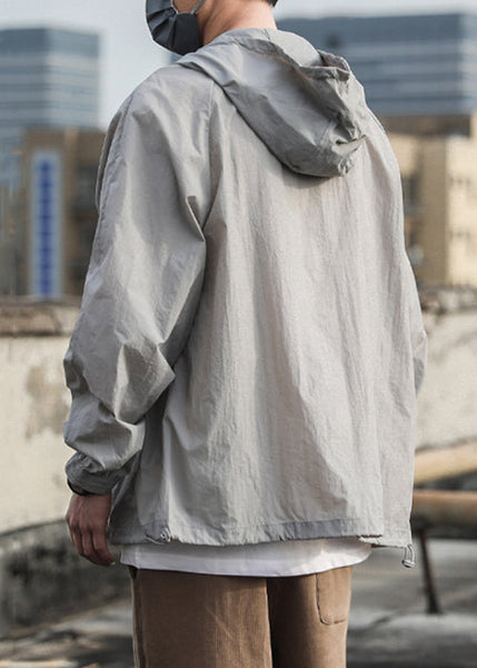 Pockets Summer Mens Hooded Drawstring Coat 50+ Grey UPF FashionChic