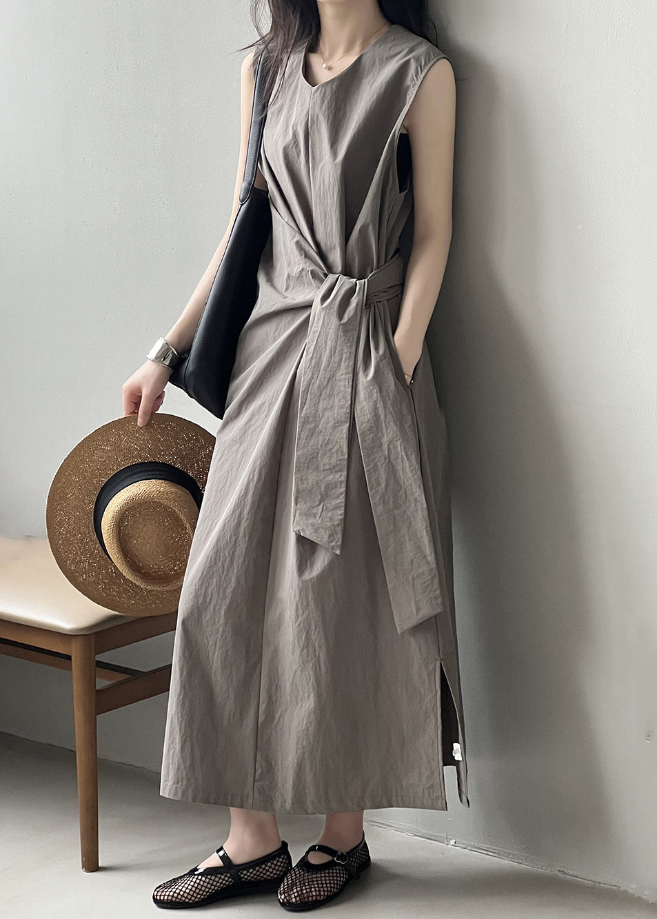 Grey Pockets Original Design Cotton Long Dress V Neck Sleeveless MZF-SDL250315