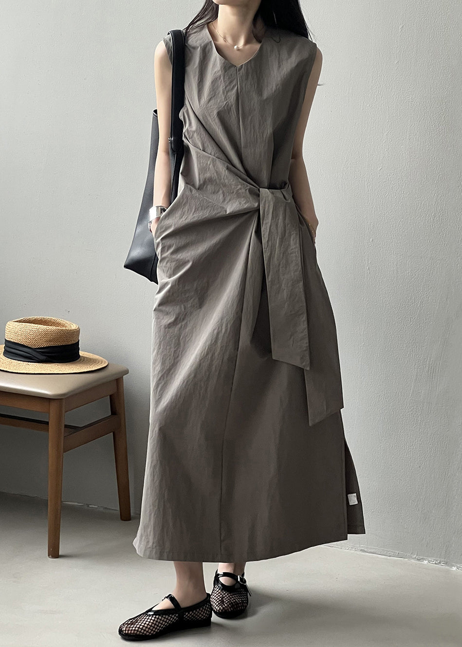 Grey Pockets Original Design Cotton Long Dress V Neck Sleeveless MZF-SDL250315