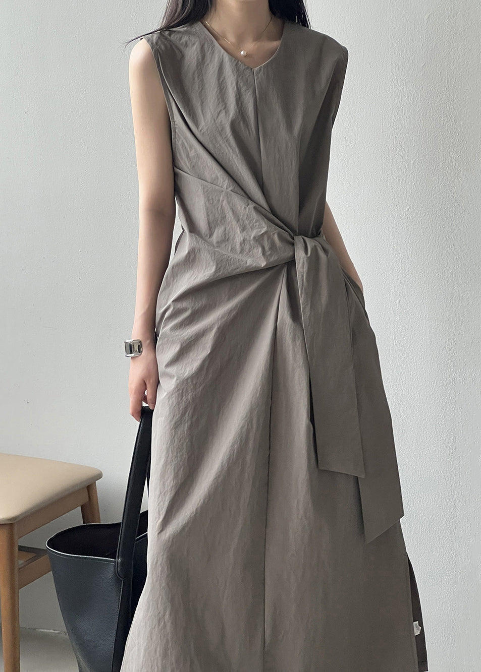 Grey Pockets Original Design Cotton Long Dress V Neck Sleeveless MZF-SDL250315