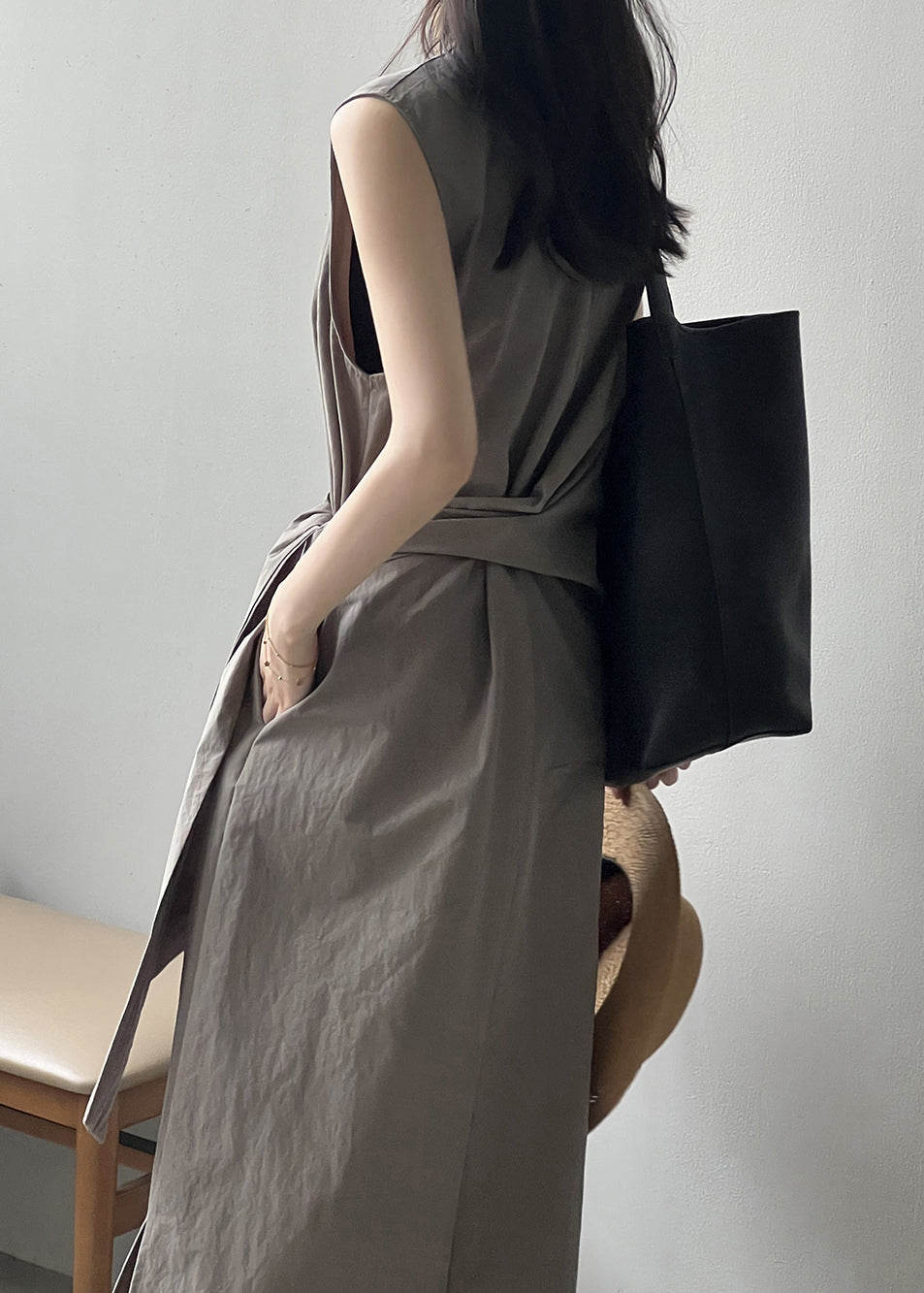 Grey Pockets Original Design Cotton Long Dress V Neck Sleeveless MZF-SDL250315