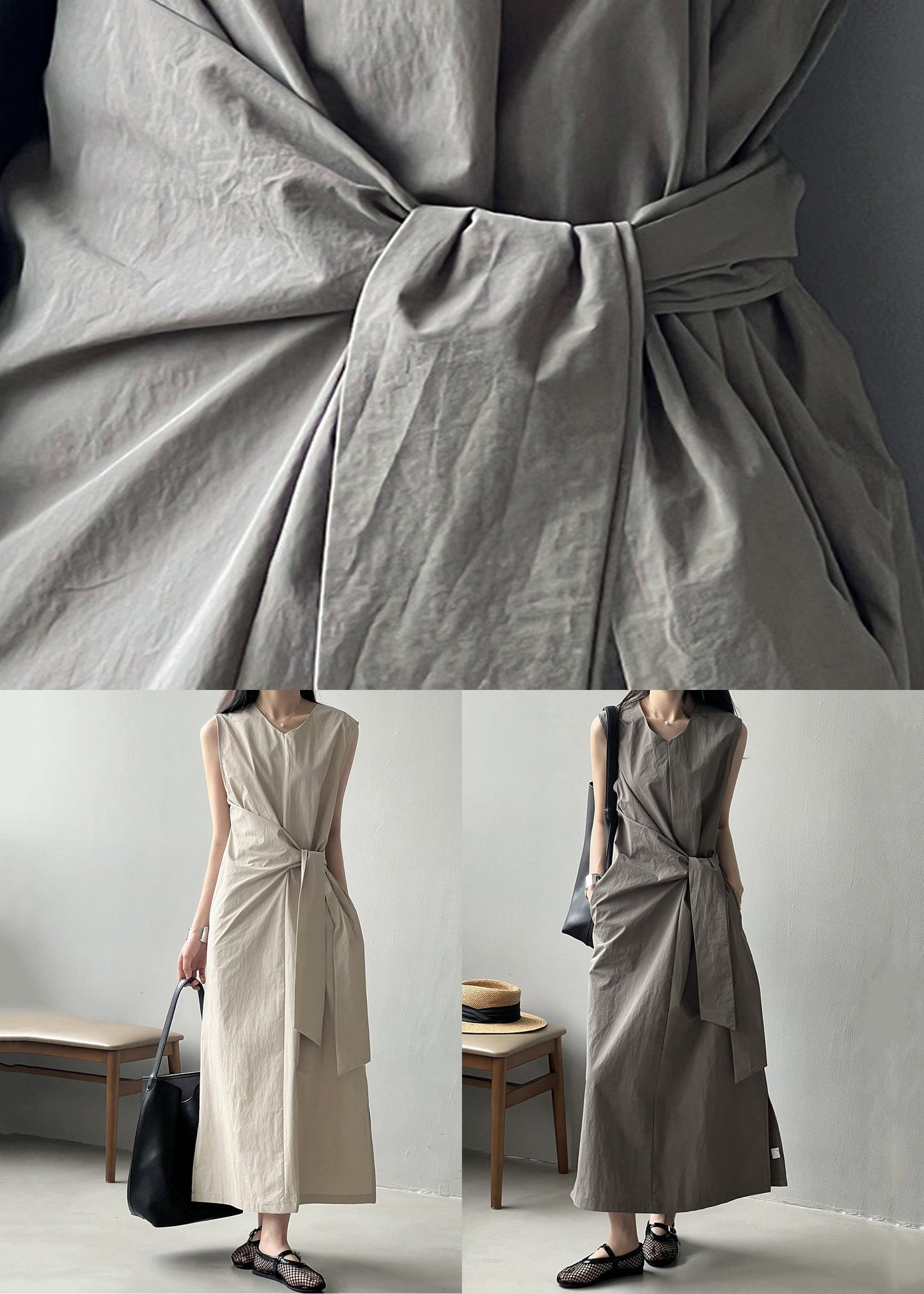 Grey Pockets Original Design Cotton Long Dress V Neck Sleeveless MZF-SDL250315