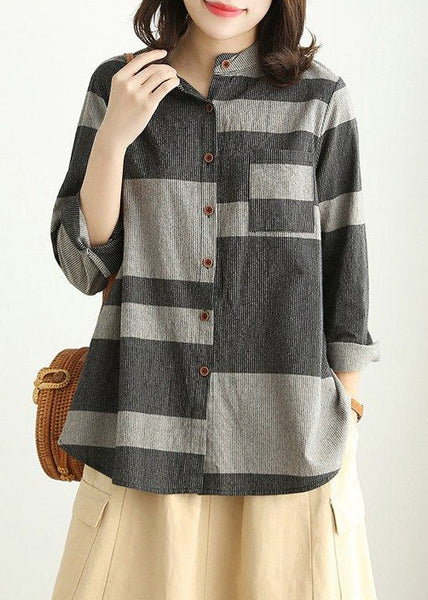 Grey Pockets Patchwork Cotton Shirt Stand Collar Spring VV087 HS-LTP240627