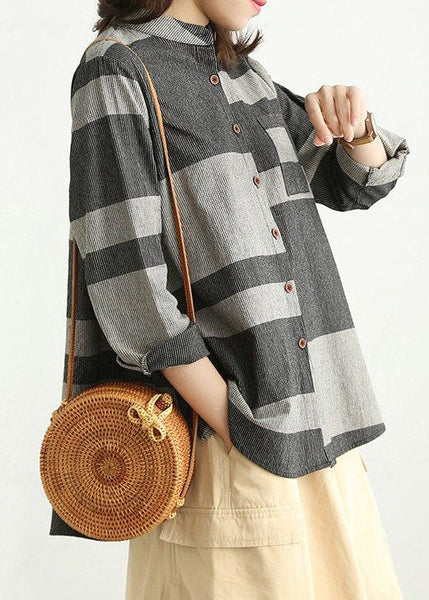 Grey Pockets Patchwork Cotton Shirt Stand Collar Spring VV087 HS-LTP240627