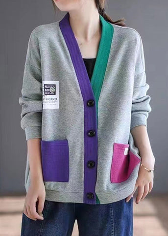 Cardigans Cotton V Spring Patchwork Pockets Loose Neck Grey FashionChic