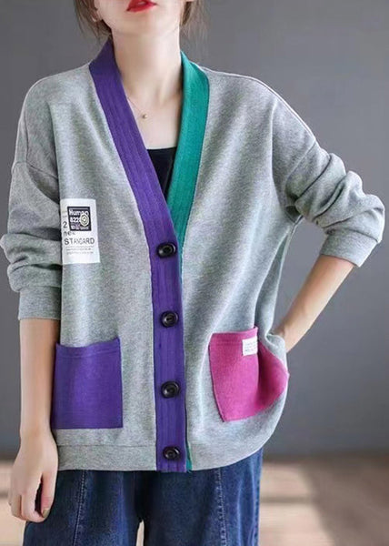 Cardigans Cotton V Spring Patchwork Pockets Loose Neck Grey FashionChic