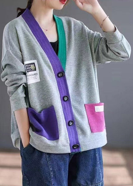 Cardigans Cotton V Spring Patchwork Pockets Loose Neck Grey FashionChic