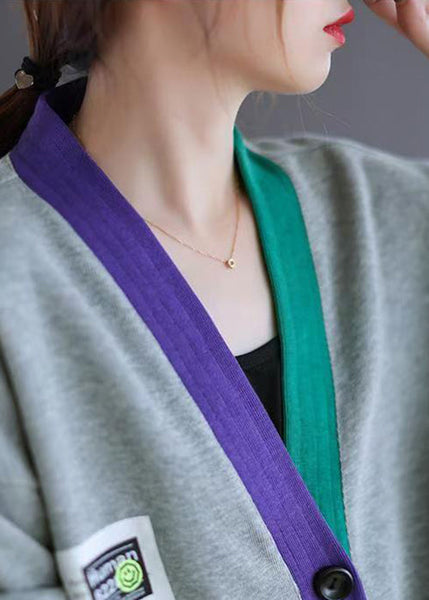 Cardigans Cotton V Spring Patchwork Pockets Loose Neck Grey FashionChic